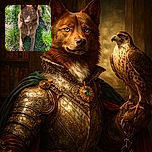 A majestic brown dog with striking blue eyes lounges on a patch of green grass, looking intensely at the camera with a serious yet captivating expression. The sunlight highlights the dog's rich fur texture and the natural outdoor setting adds a peaceful vibe.