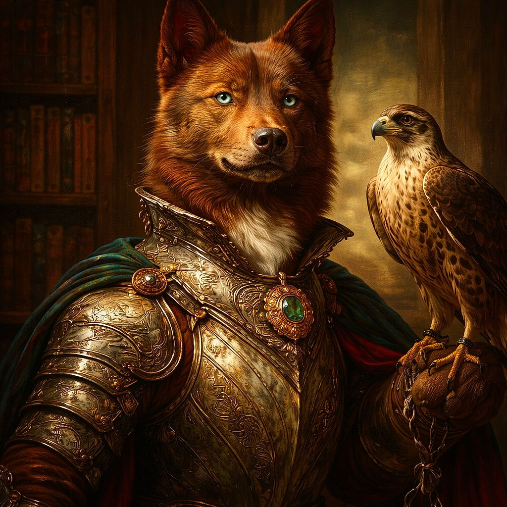 A majestic brown dog with striking blue eyes lounges on a patch of green grass, looking intensely at the camera with a serious yet captivating expression. The sunlight highlights the dog's rich fur texture and the natural outdoor setting adds a peaceful vibe.