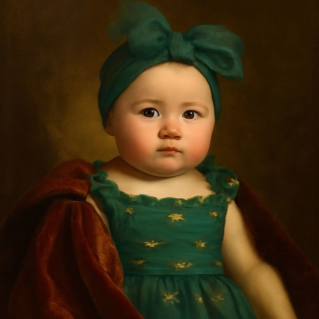 A chubby-cheeked baby wearing a bright green headband with a big bow and a matching green outfit, sitting on a couch covered with a patterned blanket featuring fish and other designs. The baby stares wide-eyed at the camera with a serious expression, creating an adorable contrast with the vibrant outfit.