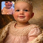 A close-up photo of a baby wearing a delicate pink lace dress, looking curiously at the camera with big, shiny eyes and a slight smile. The soft natural light highlights the baby's smooth skin and the intricate lace pattern on the dress, with a blurred background that includes a window and a wall.