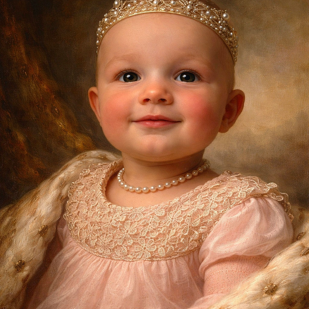 A close-up photo of a baby wearing a delicate pink lace dress, looking curiously at the camera with big, shiny eyes and a slight smile. The soft natural light highlights the baby's smooth skin and the intricate lace pattern on the dress, with a blurred background that includes a window and a wall.