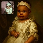 A charming baby dressed in an intricate white lace outfit with matching floral headband, nestled against a soft pink blanket, looking curiously at the camera with a gentle smile.