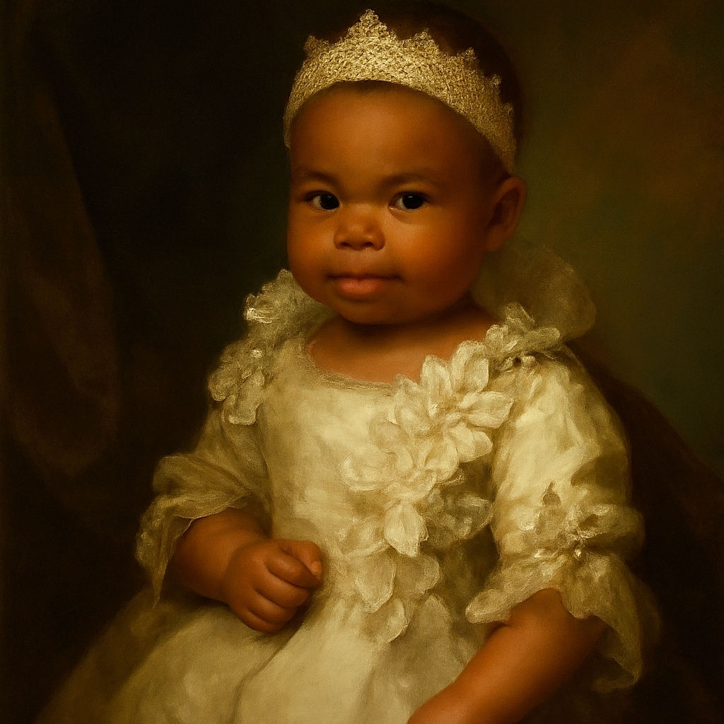 A charming baby dressed in an intricate white lace outfit with matching floral headband, nestled against a soft pink blanket, looking curiously at the camera with a gentle smile.