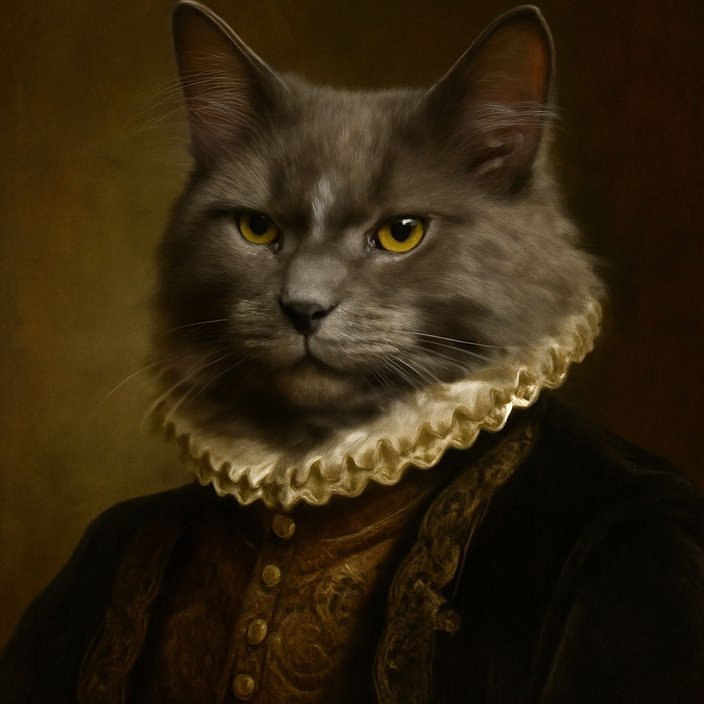 A fluffy gray cat is lounging on a cozy textured blanket, looking relaxed and slightly curious with its half-open eyes, perfectly blending into the soft, neutral-toned background.