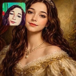 A stylized, cartoon-like portrait of a young girl with long wavy hair and a subtle smile, set against a colorful indoor background with curtains and a cabinet.