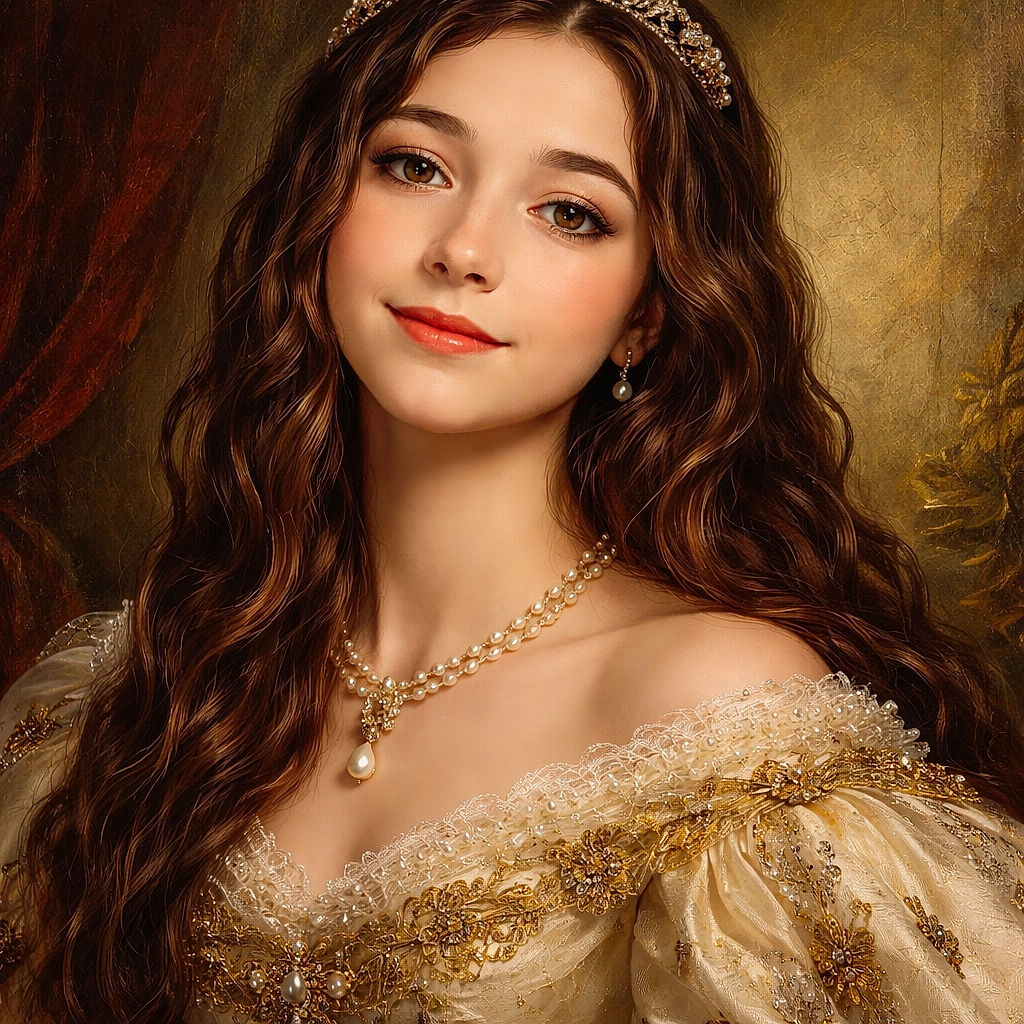 A stylized, cartoon-like portrait of a young girl with long wavy hair and a subtle smile, set against a colorful indoor background with curtains and a cabinet.