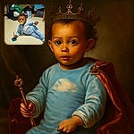 A curious toddler in blue pajamas lounges on a tiled floor, pacifier in mouth, clutching a pen and a small blue card. Behind, a cluttered scene of an open suitcase with clothes spilling out, a chair, and a table with a blue patterned cloth adds a cozy, lived-in vibe.