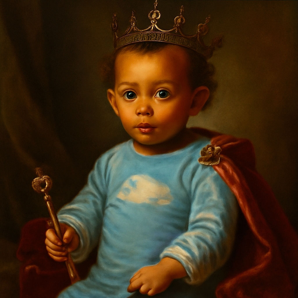 A curious toddler in blue pajamas lounges on a tiled floor, pacifier in mouth, clutching a pen and a small blue card. Behind, a cluttered scene of an open suitcase with clothes spilling out, a chair, and a table with a blue patterned cloth adds a cozy, lived-in vibe.