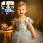 A cute toddler in a frilly blue dress and white sandals sits gracefully on a wooden bench in a gazebo, with a man peeking playfully from the side wearing sunglasses and a plaid shirt. The background is bright and sunny with greenery and flowers adding a cheerful vibe.