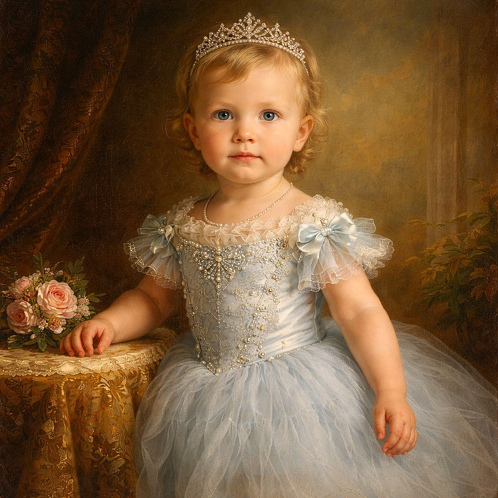 A cute toddler in a frilly blue dress and white sandals sits gracefully on a wooden bench in a gazebo, with a man peeking playfully from the side wearing sunglasses and a plaid shirt. The background is bright and sunny with greenery and flowers adding a cheerful vibe.