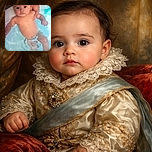 A cute baby is being gently held by an adult's hand while floating in a small pool, looking curiously at the camera with wide eyes and a calm expression, surrounded by clear blue water and a wicker chair in the background.