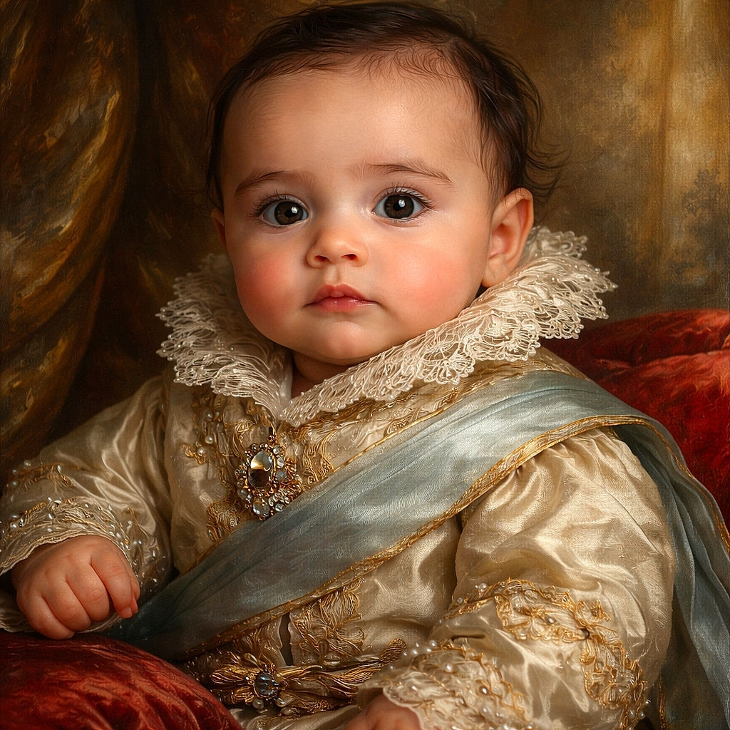 A cute baby is being gently held by an adult's hand while floating in a small pool, looking curiously at the camera with wide eyes and a calm expression, surrounded by clear blue water and a wicker chair in the background.