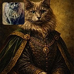 A fluffy gray cat sits like royalty on a carpet throne, giving a solemn, slightly judging stare with big whiskers and a mane worthy of dramatic slow-motion. The close-up crop emphasizes the soft fur and curious eyes — part model, part furry grump.