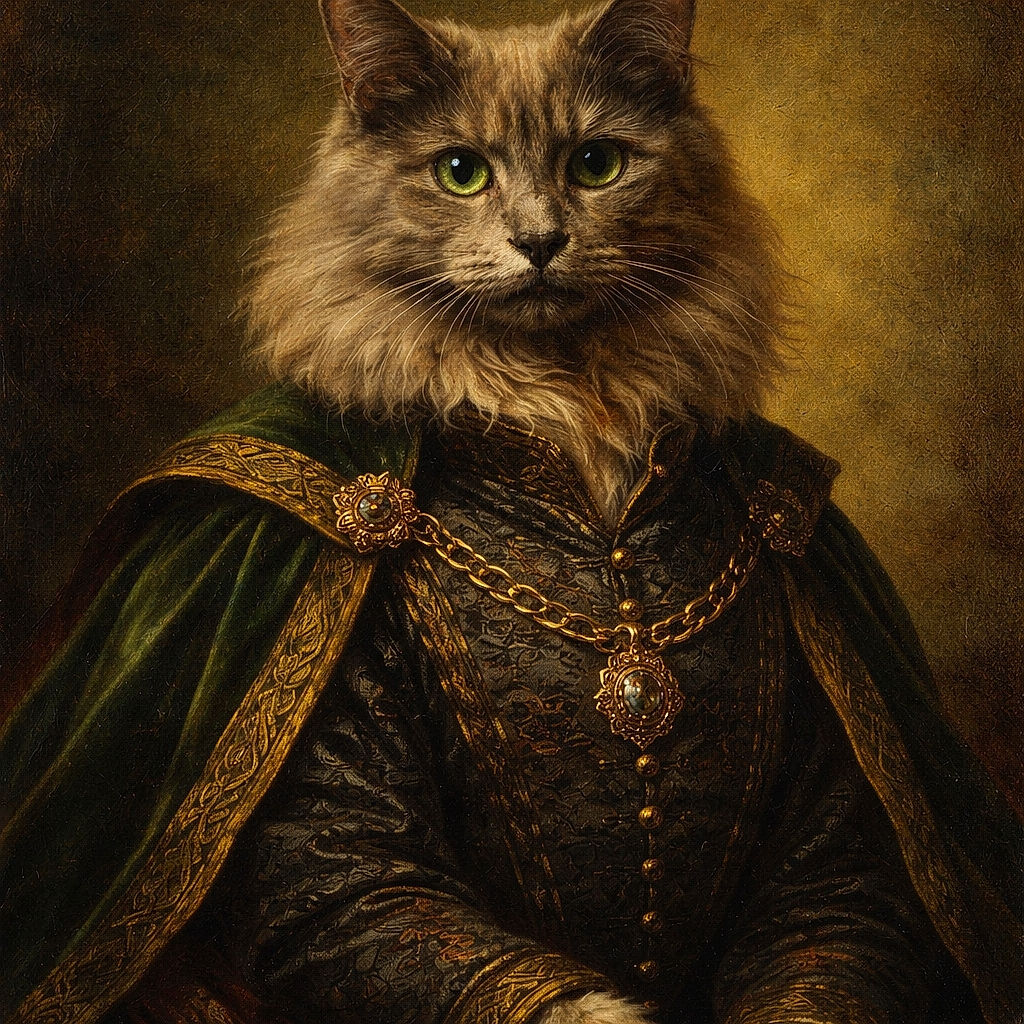 A fluffy gray cat sits like royalty on a carpet throne, giving a solemn, slightly judging stare with big whiskers and a mane worthy of dramatic slow-motion. The close-up crop emphasizes the soft fur and curious eyes — part model, part furry grump.