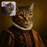 A close-up shot of a curious tabby cat with striking green eyes looking up, whiskers prominently displayed, sitting on a textured light-colored carpet with a hint of a chair leg in the corner.