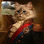 A fluffy kitten lounges like royalty on a rumpled duvet, giving the camera a soft, slightly bemused stare while morning light creates a dreamy backlit halo around its ears — pure cozy chaos.