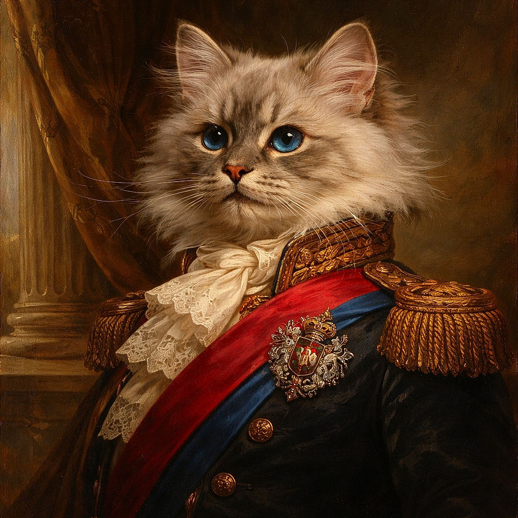 A fluffy kitten lounges like royalty on a rumpled duvet, giving the camera a soft, slightly bemused stare while morning light creates a dreamy backlit halo around its ears — pure cozy chaos.