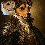 A sharp and detailed portrait of a dog with a focused gaze, showcasing its tricolor coat against a softly blurred natural background, making it look like a canine model ready for its close-up.