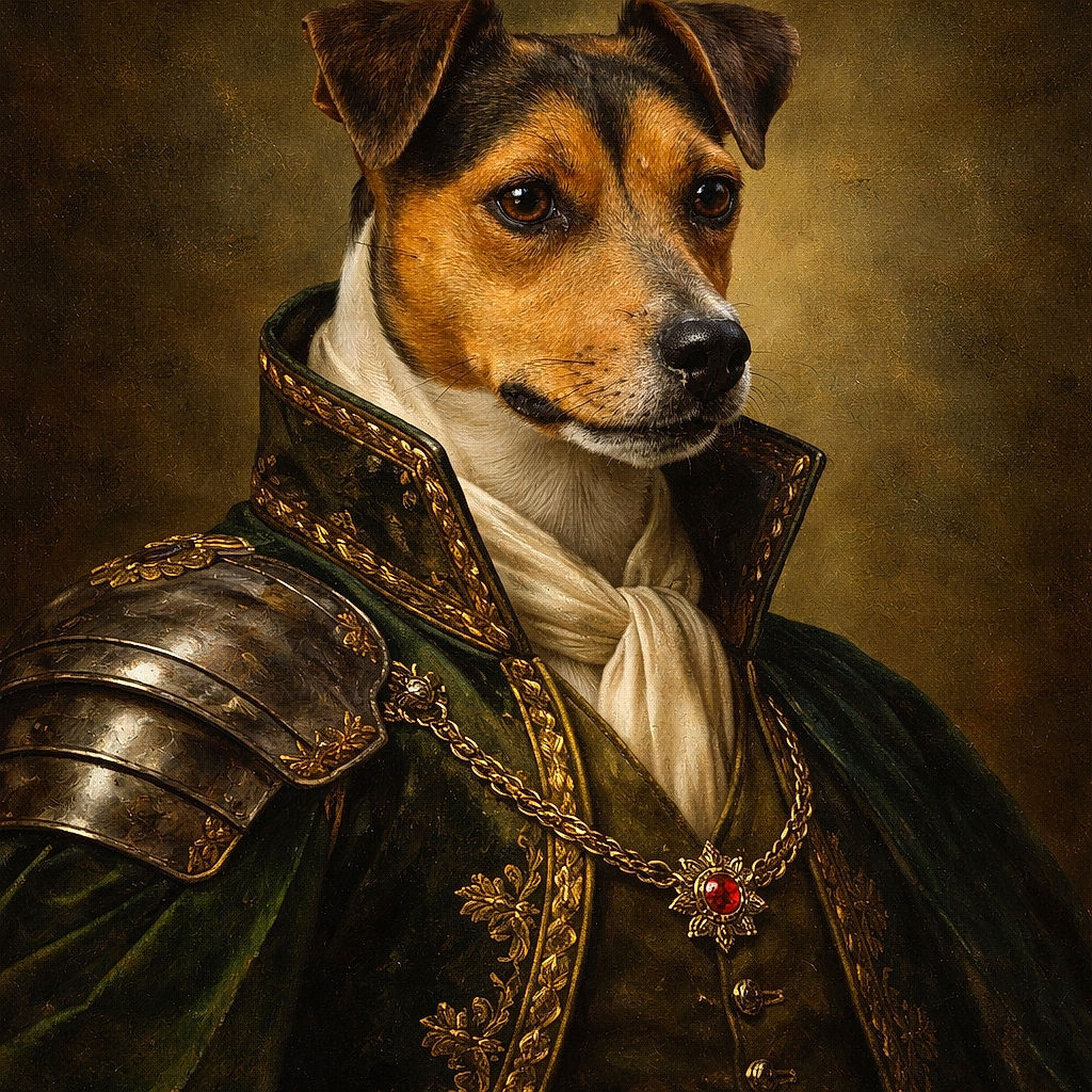 A sharp and detailed portrait of a dog with a focused gaze, showcasing its tricolor coat against a softly blurred natural background, making it look like a canine model ready for its close-up.