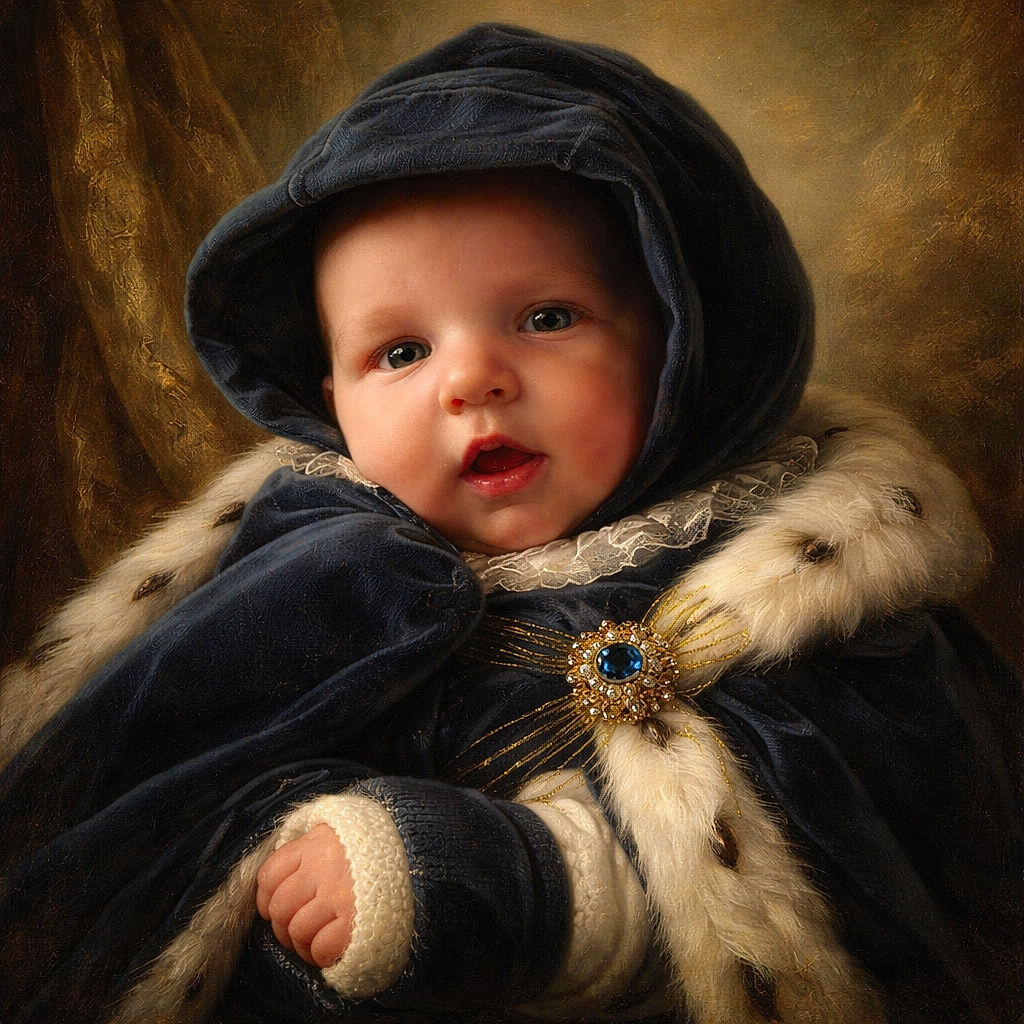 A tiny hoodie-wrapped burrito: a newborn pokes a curious face out of a navy hood with mouth slightly open, one little fist peeking into frame — cozy, candid and full of chunky-cheek charm on a soft bed.