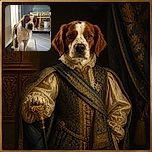 A sweet brown-and-white dog stands proudly in the kitchen, staring into the camera with the serious expression of a restaurant critic inspecting the floor tiles. Sunlight highlights its floppy ears and curious face while the stove, radiator, bin, and welcome mat complete the cozy home setting.