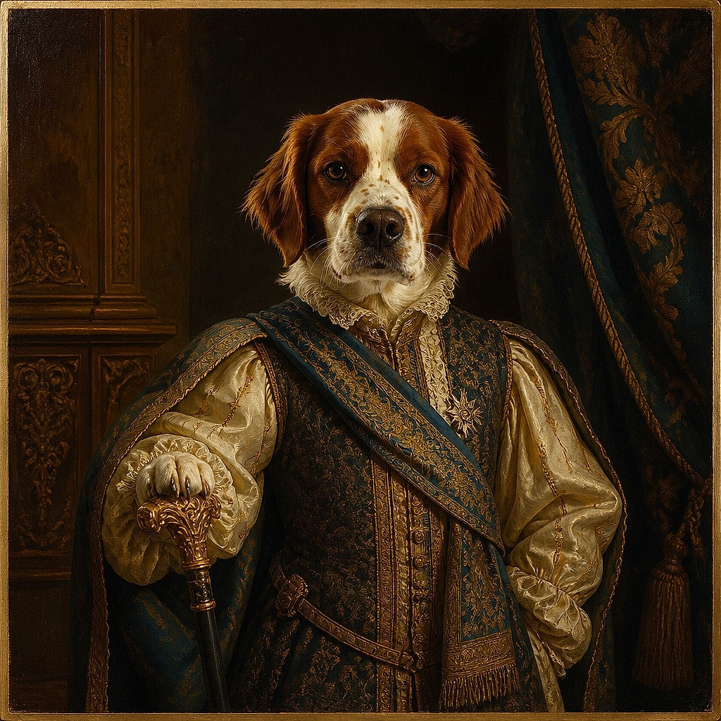 A sweet brown-and-white dog stands proudly in the kitchen, staring into the camera with the serious expression of a restaurant critic inspecting the floor tiles. Sunlight highlights its floppy ears and curious face while the stove, radiator, bin, and welcome mat complete the cozy home setting.