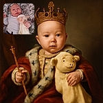 A wide-eyed baby lies comfortably on a leafy and bunny-patterned cushion, clutching a soft, smiling lamb plushie like it's their best bedtime buddy.