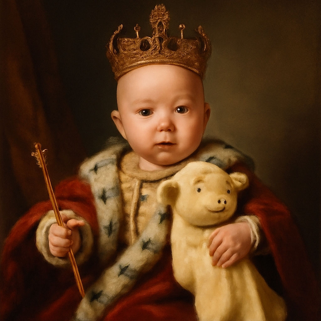 A wide-eyed baby lies comfortably on a leafy and bunny-patterned cushion, clutching a soft, smiling lamb plushie like it's their best bedtime buddy.