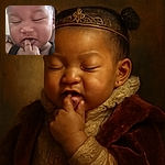 A close-up photo of a baby with cute pigtails, eyes closed, and fingers in their mouth, capturing a candid and adorable moment of teething or curiosity.