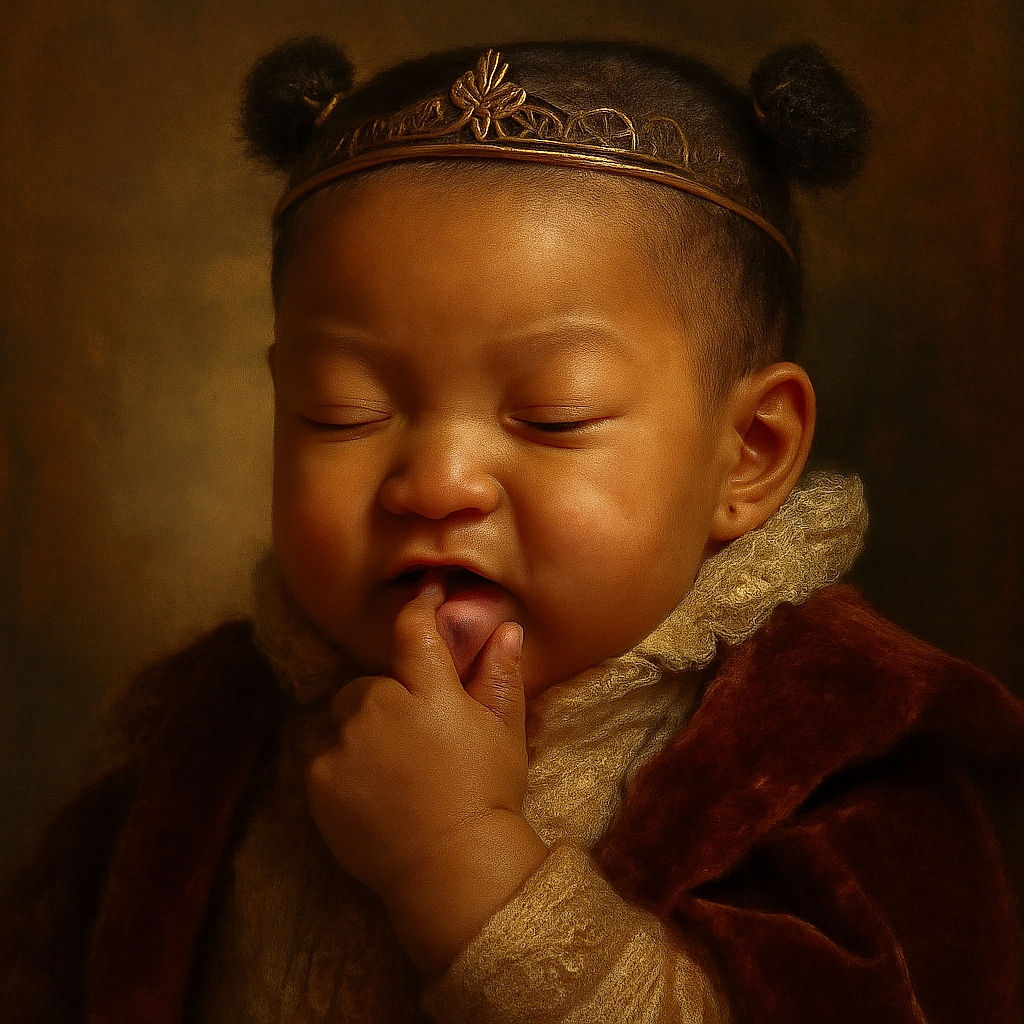 A close-up photo of a baby with cute pigtails, eyes closed, and fingers in their mouth, capturing a candid and adorable moment of teething or curiosity.