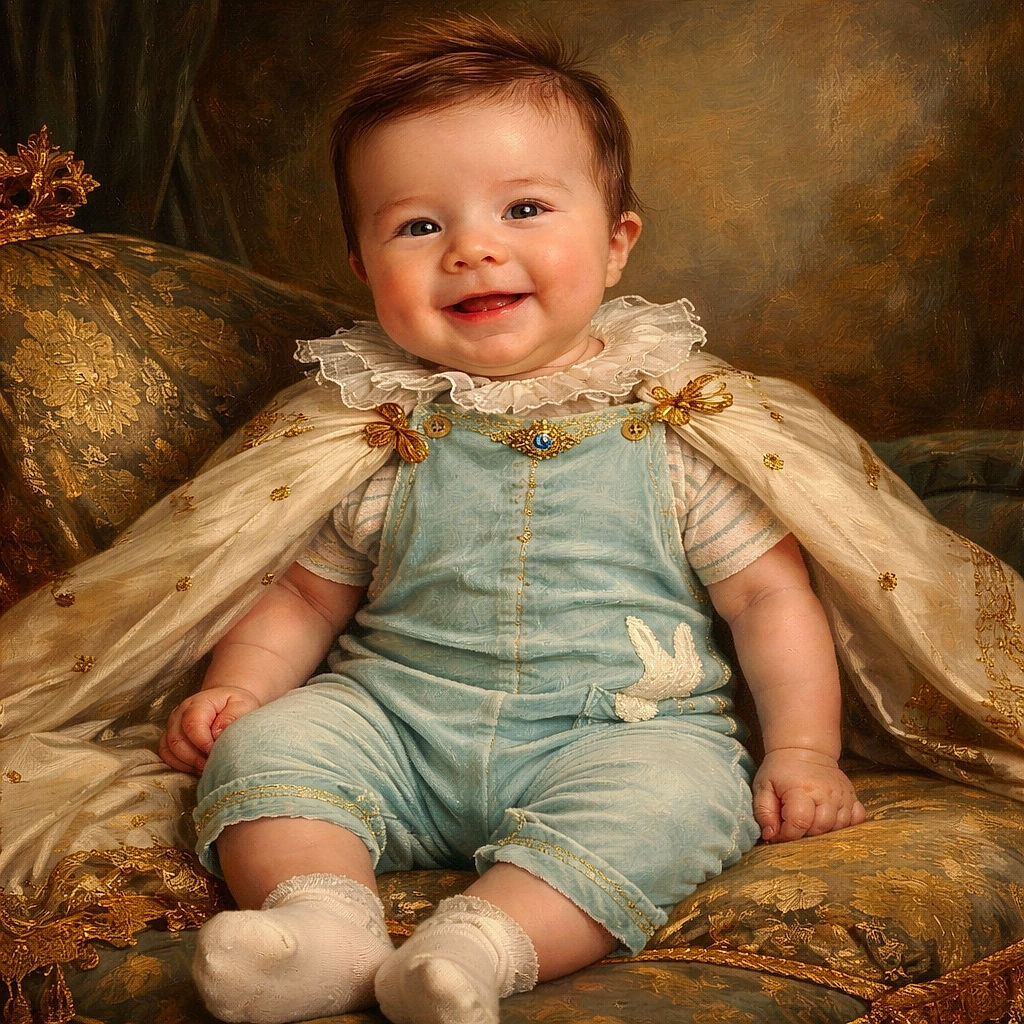 A joyful baby with a tuft of dark hair is sitting comfortably on a white bed, dressed in mint green overalls and a striped shirt, flashing a charming smile that could melt hearts.