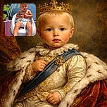 A chubby baby with a curious expression is strapped safely in a white seat placed on the hood of a shiny maroon car, basking in the sunshine with a lush green yard and blue sky in the background.
