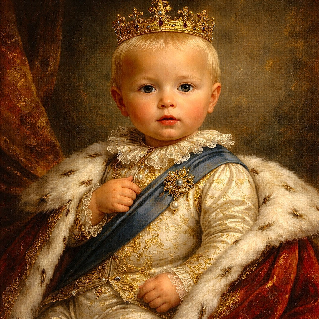 A chubby baby with a curious expression is strapped safely in a white seat placed on the hood of a shiny maroon car, basking in the sunshine with a lush green yard and blue sky in the background.