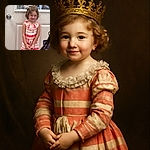 A shy little girl with curly hair in a red and white striped romper stands in front of a door, smiling with a hint of nervousness, while someone with braided hair captures the moment on a phone. Reflections in the window behind add a quirky touch to the candid scene.