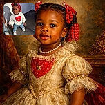 A little toddler with vibrant red beads in her hair stands confidently on a concrete floor, wearing a cute white sweatshirt with a red heart and Minnie Mouse design, paired with blue jeans and white sneakers. The sunlight casts a clear shadow on the white wall behind her, adding a playful touch to the scene.