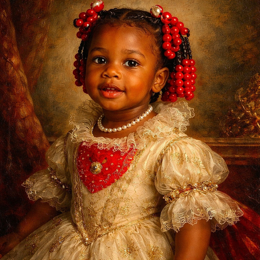 A little toddler with vibrant red beads in her hair stands confidently on a concrete floor, wearing a cute white sweatshirt with a red heart and Minnie Mouse design, paired with blue jeans and white sneakers. The sunlight casts a clear shadow on the white wall behind her, adding a playful touch to the scene.