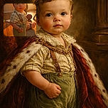 A curious toddler stands confidently in a warmly lit room, dressed in a checkered shirt and suspenders, with sunlight casting a golden glow that highlights the soft textures of the carpet and wooden floor.