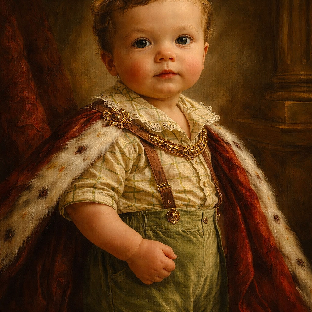 A curious toddler stands confidently in a warmly lit room, dressed in a checkered shirt and suspenders, with sunlight casting a golden glow that highlights the soft textures of the carpet and wooden floor.