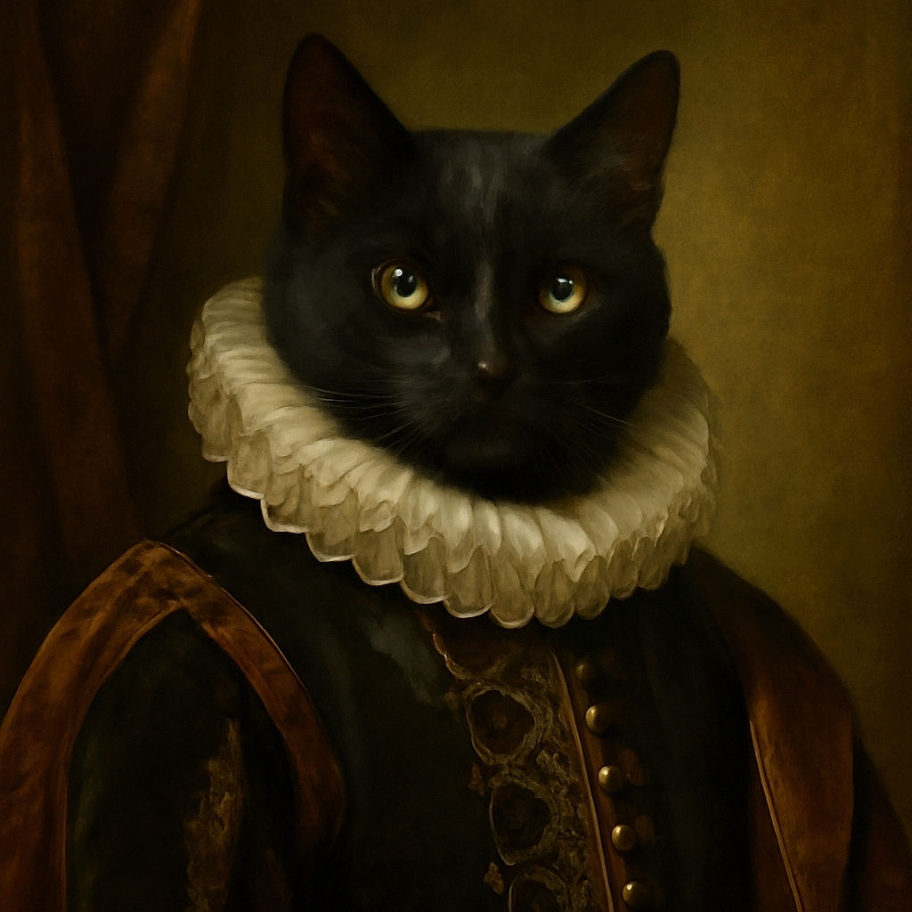 A fluffy black cat with piercing green eyes sits patiently on a narrow ledge between a window and a wall, looking directly at the camera with a calm and mysterious gaze. The background shows a rough textured wall and a colorful green-blue object in the foreground adds a pop of color.