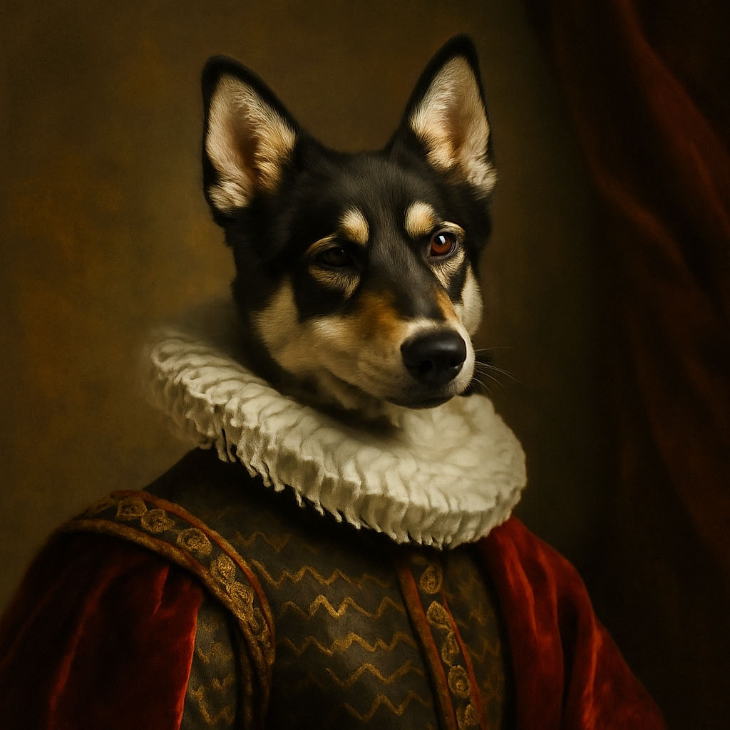 A dignified dog sits upright on a chair on a balcony, gazing curiously with a slight head tilt. The background shows a peaceful outdoor scene with trees and a soft sky, while the dog looks like it's pondering life's big questions or waiting for a treat.