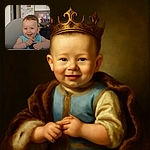 A cheerful baby with sparkling blue eyes and a toothy grin sits in a high chair, ready for some fun or maybe a snack, with a cozy kitchen backdrop full of colorful magnets and everyday life.