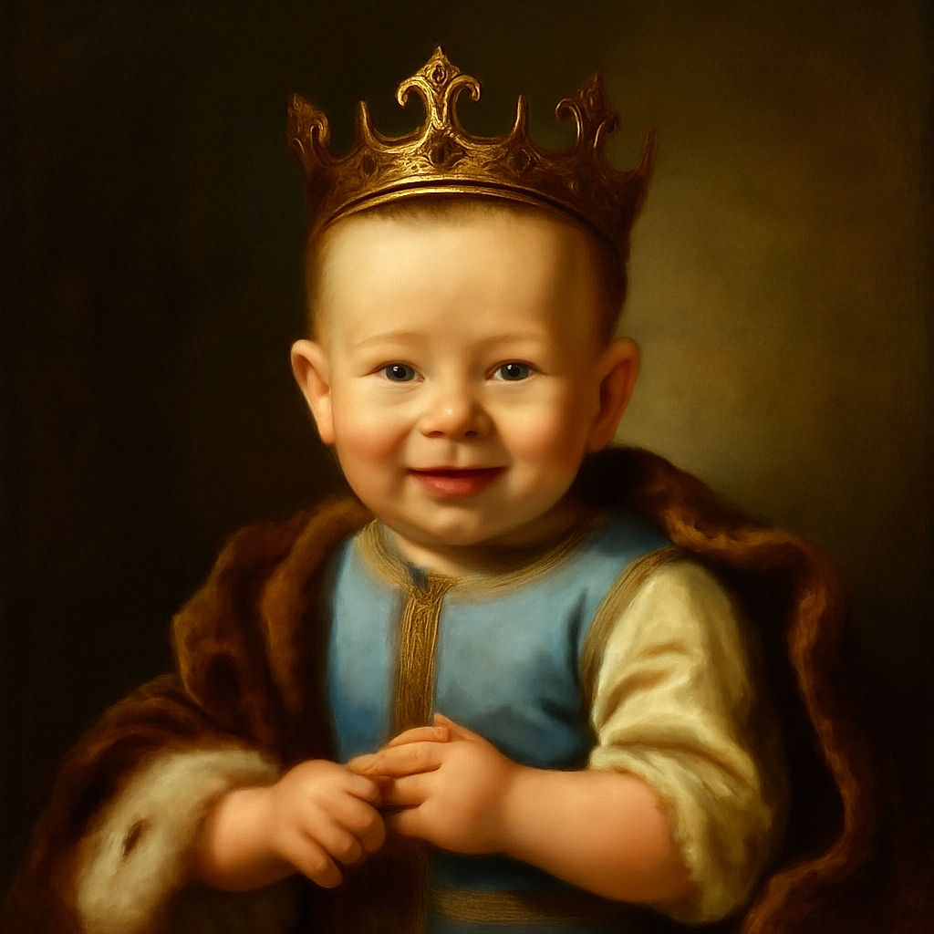 A cheerful baby with sparkling blue eyes and a toothy grin sits in a high chair, ready for some fun or maybe a snack, with a cozy kitchen backdrop full of colorful magnets and everyday life.