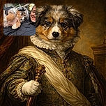 A cheerful person wearing glasses and a dark jacket holds an adorable fluffy puppy with a mix of gray, white, and tan fur. The background shows a glass door reflecting greenery and sunset light, adding warmth to the cozy moment.