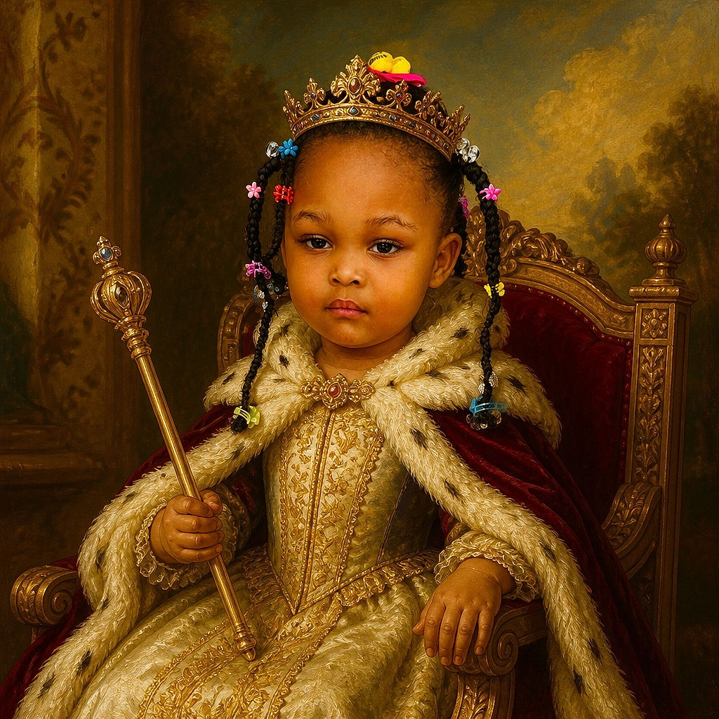 A serious little fashion icon stands in the doorway, rocking colorful beaded braids and a bold sports shirt while gripping a doll in one hand and a tiny toy in the other—clearly ready for both playtime and a very important neighborhood inspection.
