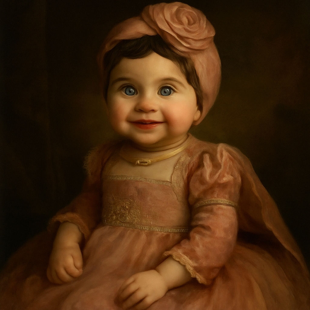 A cheerful baby girl wearing a frilly pink dress and a matching headband with a large flower, sitting against a black background with an adorable wide-eyed smile that could melt any heart.