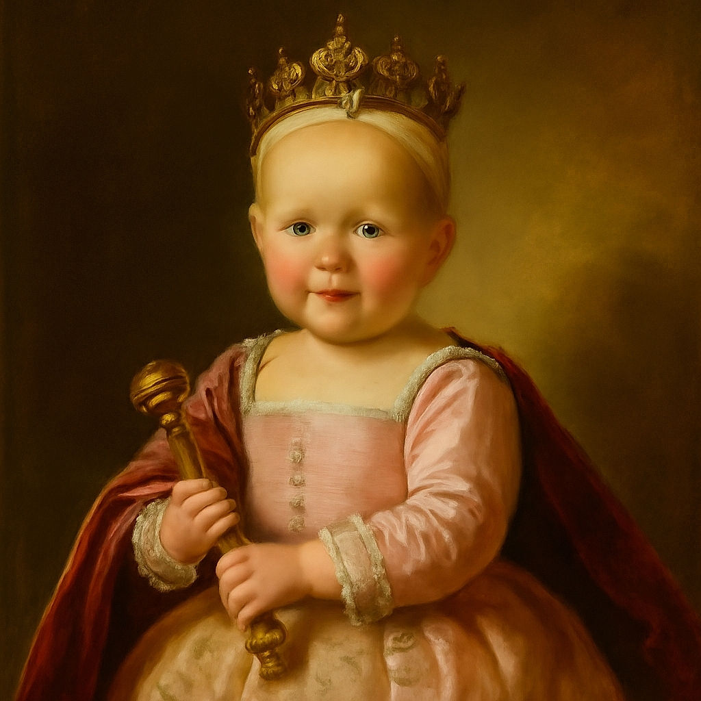 A cheerful baby girl sitting on a wooden floor, dressed in cozy pajamas with a pink headband, clutching a green and white toy, surrounded by homey elements like a pink yoga mat and a cozy blanket pile.