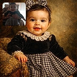A slightly blurry photo of a baby wearing a checkered dress and a matching headband, sitting on an adult's lap in a softly lit room with vertical blinds in the background. The adult's face is partially obscured behind the baby.