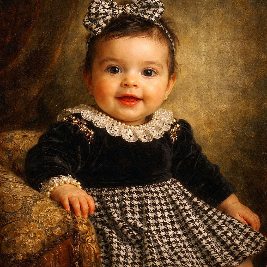 A slightly blurry photo of a baby wearing a checkered dress and a matching headband, sitting on an adult's lap in a softly lit room with vertical blinds in the background. The adult's face is partially obscured behind the baby.