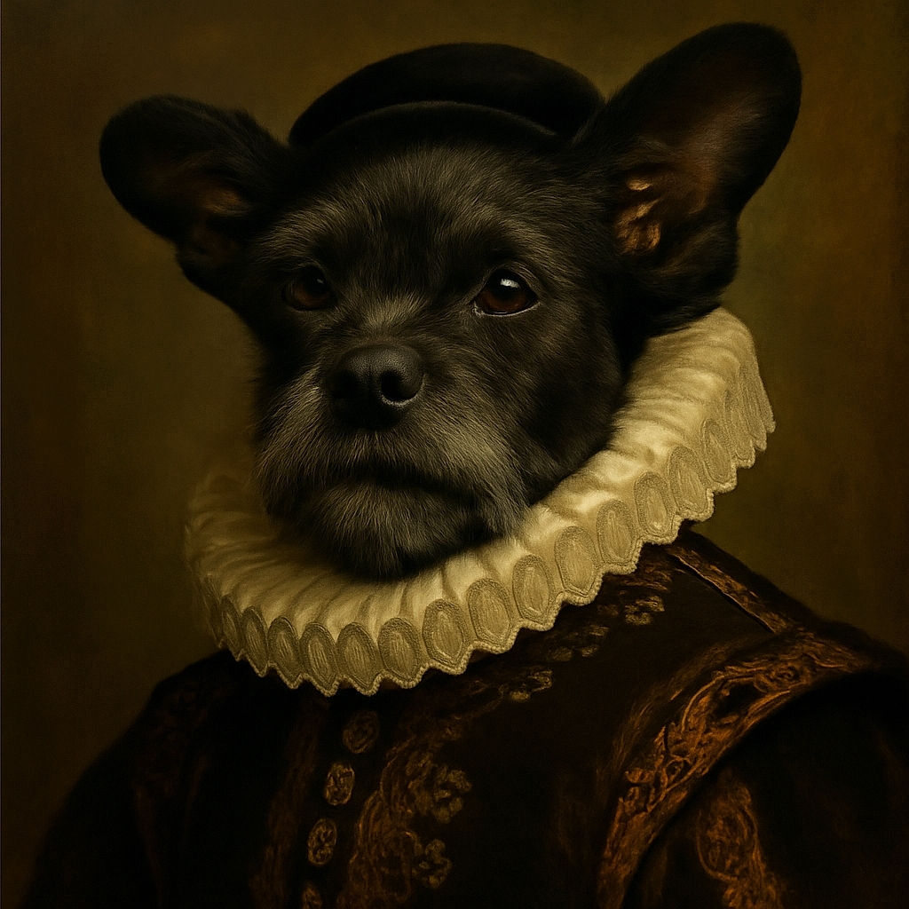 A close-up photo of a scruffy black dog mid-yawn, tongue out and eyes closed, being held by a person partially visible in the background. The image is a bit blurry, adding a candid and cozy feel.