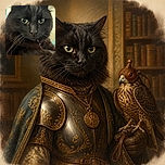 A majestic black cat stares straight into the camera with the intense expression of a tiny velvet courtroom judge, paws neatly folded on the couch and green eyes glowing like it knows everyone’s secrets.